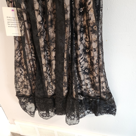 Bohme Black Lace Ribbon Strap Midi Dress, Beige Lining, Ruffle Hem, Size XS, NWT - Picture 9 of 16